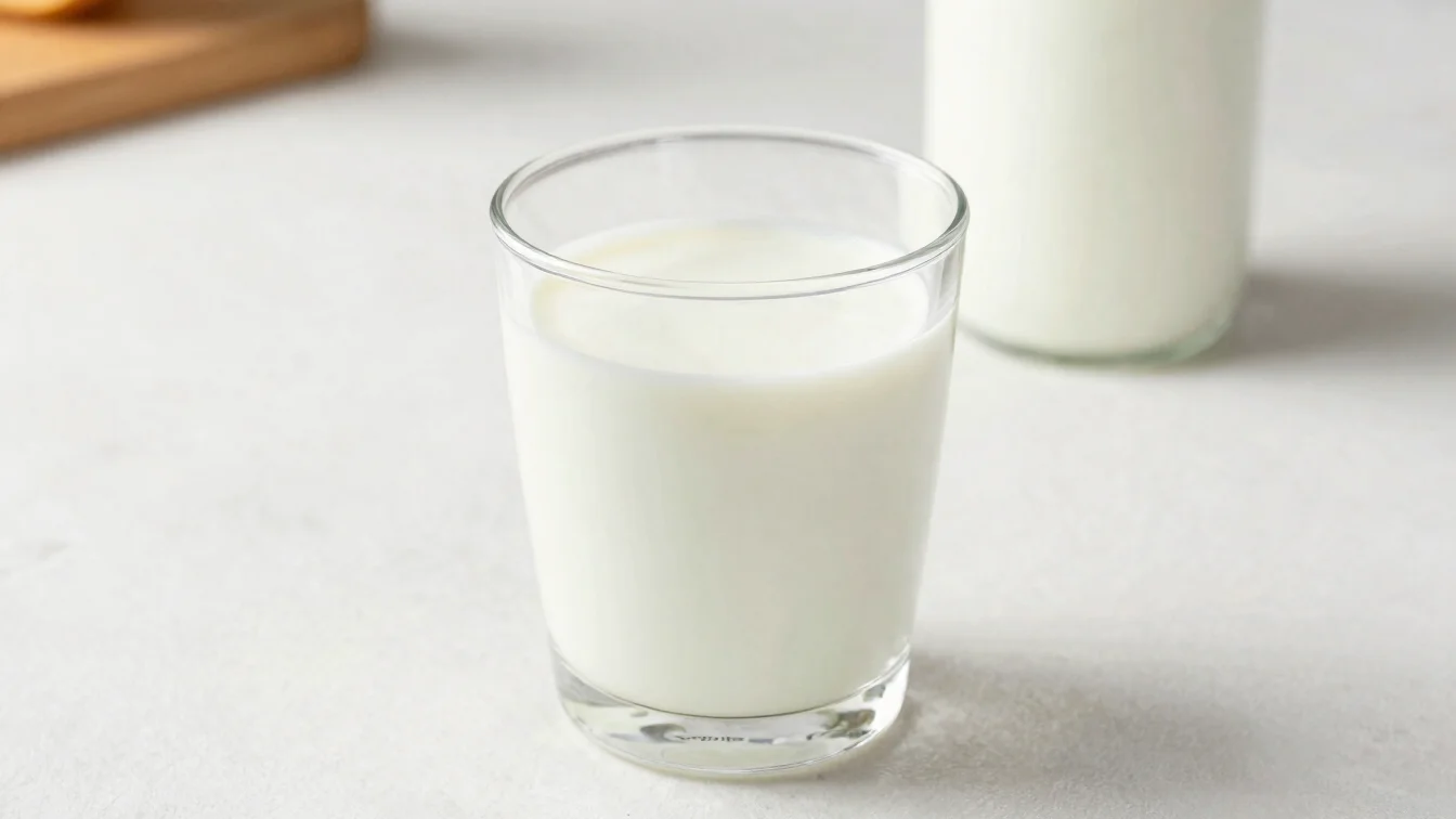 Crisp product close-up of a glass of milk on a clean white surfac