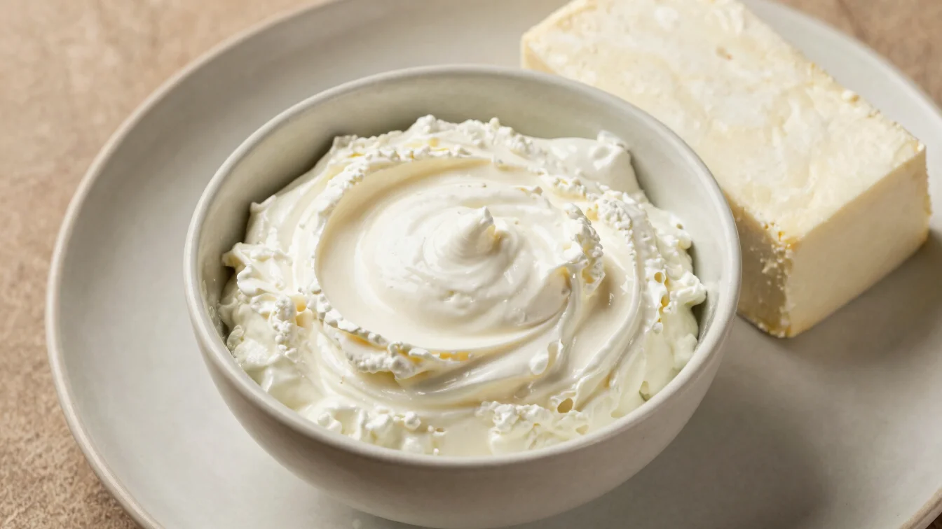 Simple overhead arrangement of a bowl of fresh curd beside a bloc