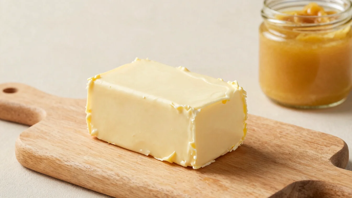 Three-quarter arrangement of a block of butter and a jar of golde