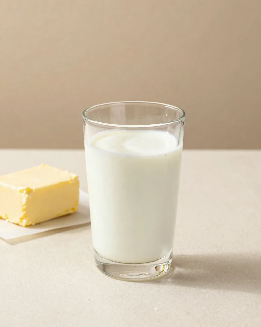 Clean editorial product photography of chilled milk glass beside